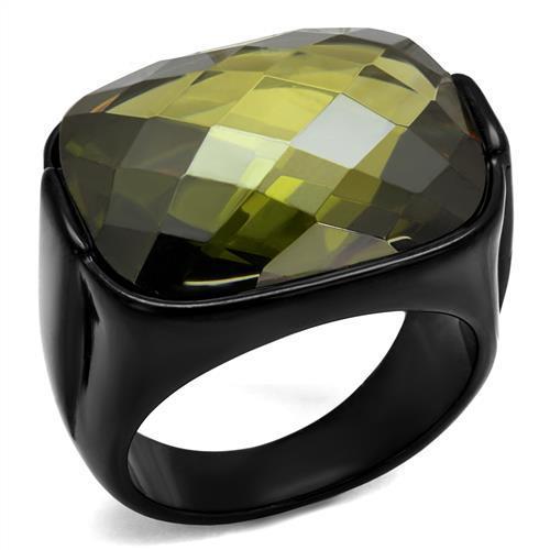 Men's stainless steel ring with olivine cubic zirconia and black ion plating, showcasing a modern design.