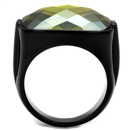 Men's stainless steel ring with olivine cubic zirconia and black ion plating, showcasing a modern design.