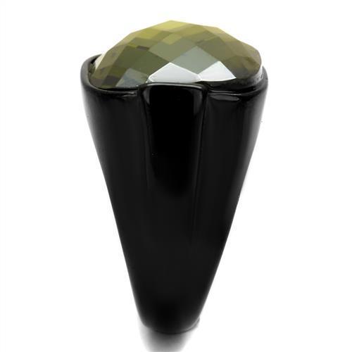 Men's stainless steel ring with olivine cubic zirconia and black ion plating, showcasing a modern design.