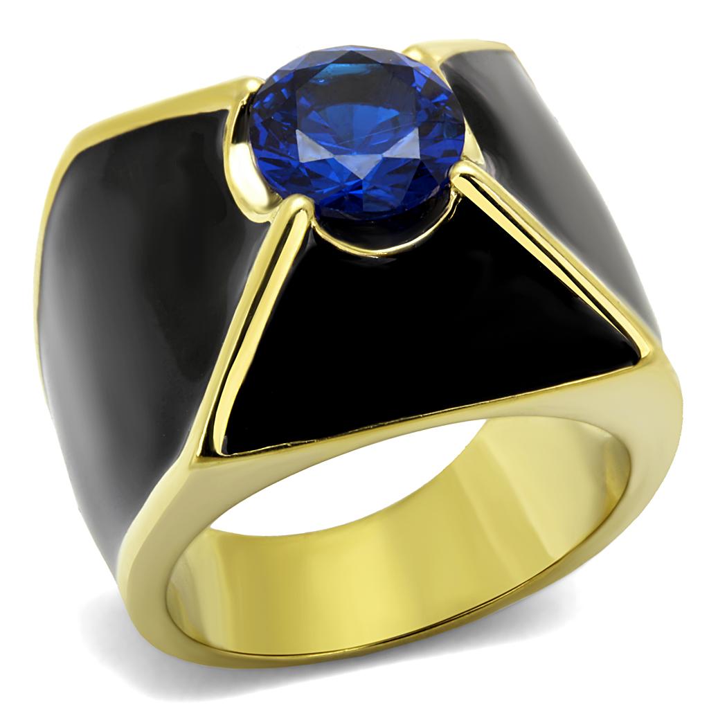 Men's stainless steel ring featuring London Blue cubic zirconia, elegantly designed with IP gold ion plating.