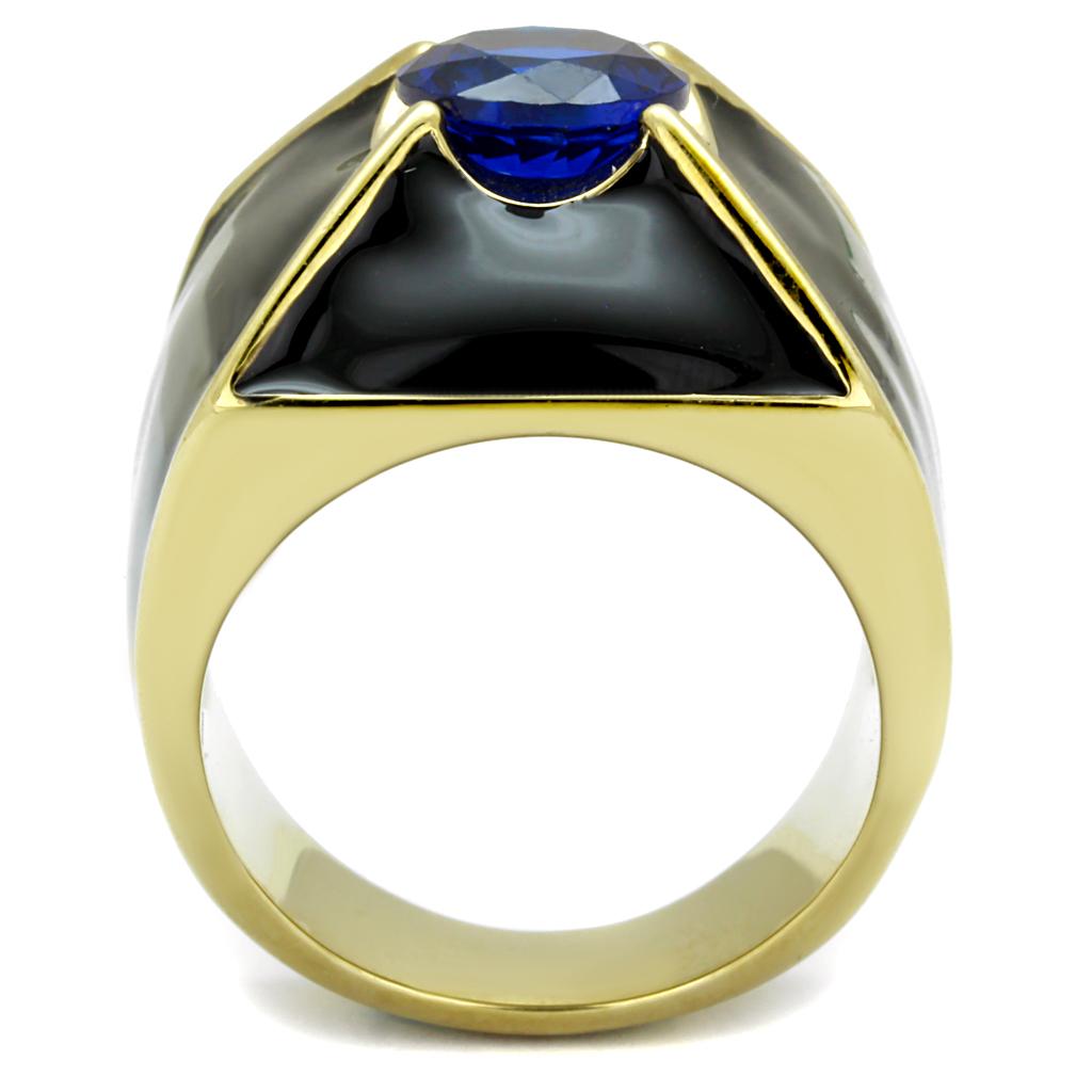 Men's stainless steel ring featuring London Blue cubic zirconia, elegantly designed with IP gold ion plating.