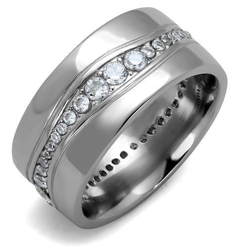 Men's stainless steel ring featuring clear cubic zirconia stones with a high-polished finish, showcasing a modern and elegant design.