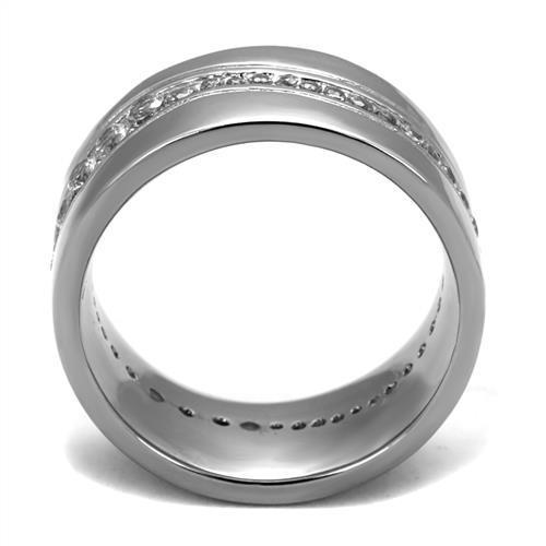 Men's stainless steel ring featuring clear cubic zirconia stones with a high-polished finish, showcasing a modern and elegant design.