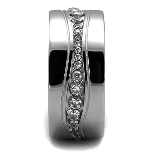 Men's stainless steel ring featuring clear cubic zirconia stones with a high-polished finish, showcasing a modern and elegant design.