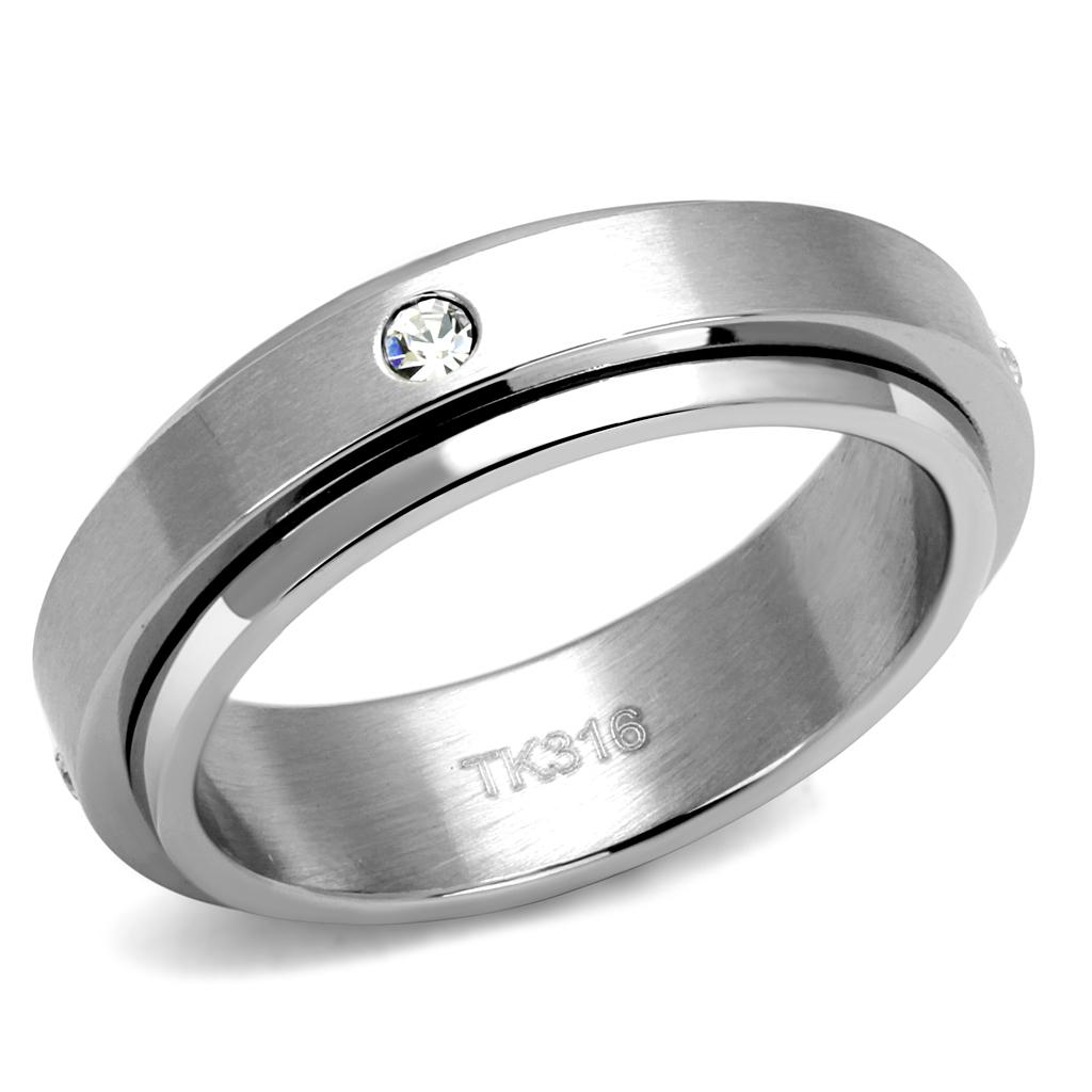 Men's stainless steel ring featuring cubic zirconia stones, high polished finish, elegant design.