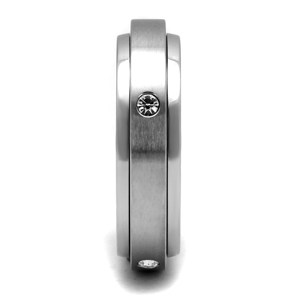 Men's stainless steel ring featuring cubic zirconia stones, high polished finish, elegant design.