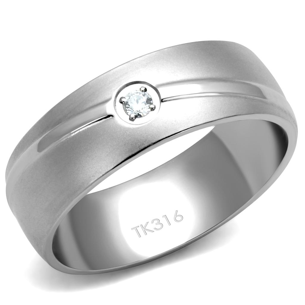 Men's stainless steel ring featuring cubic zirconia stones, high polished finish, elegant design.