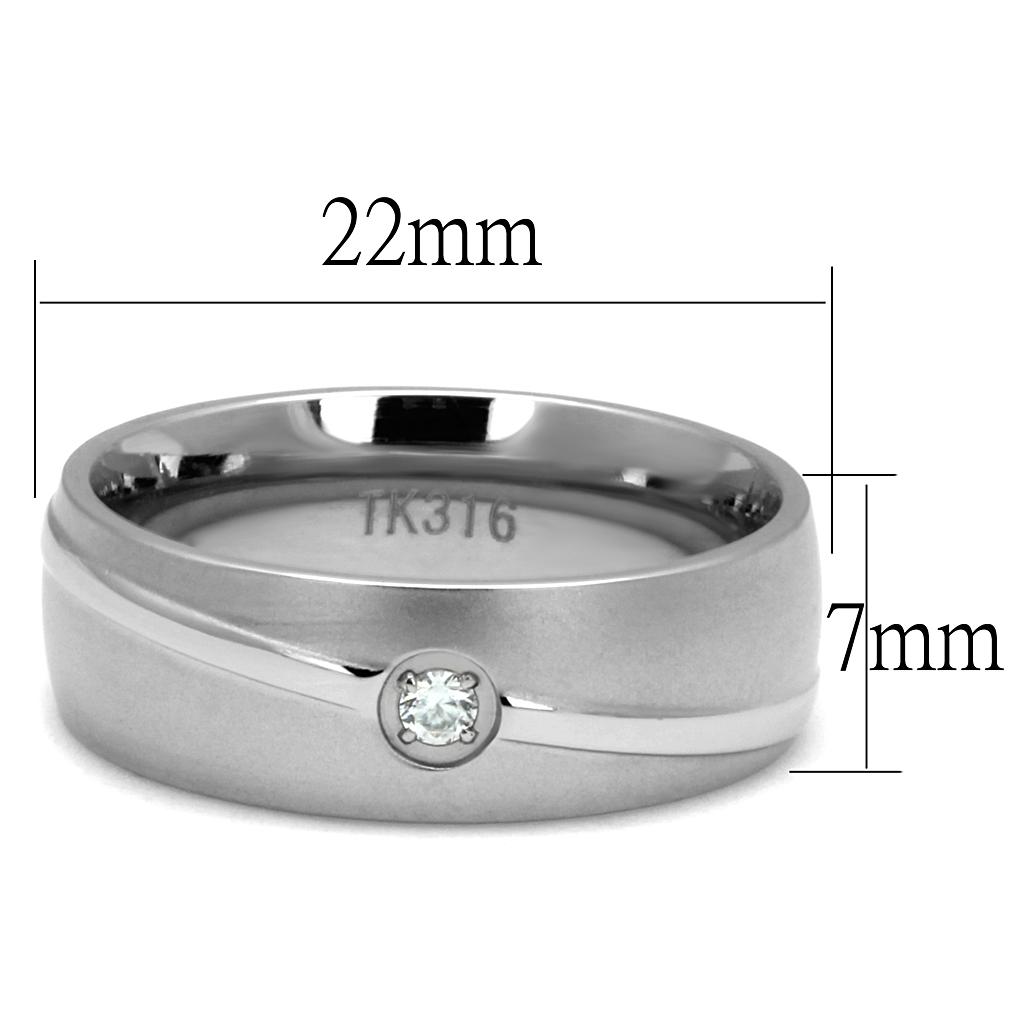 Men's stainless steel ring featuring cubic zirconia stones, high polished finish, elegant design.