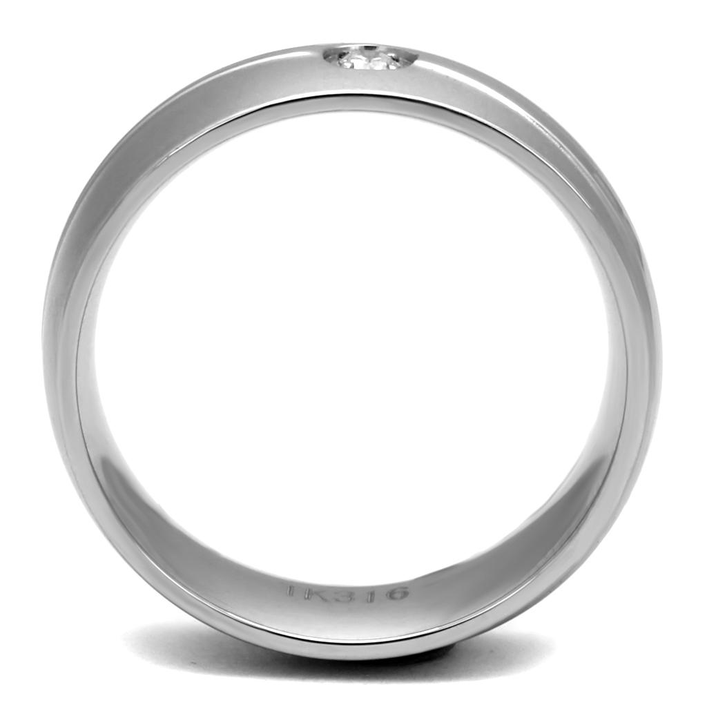 Men's stainless steel ring featuring cubic zirconia stones, high polished finish, elegant design.