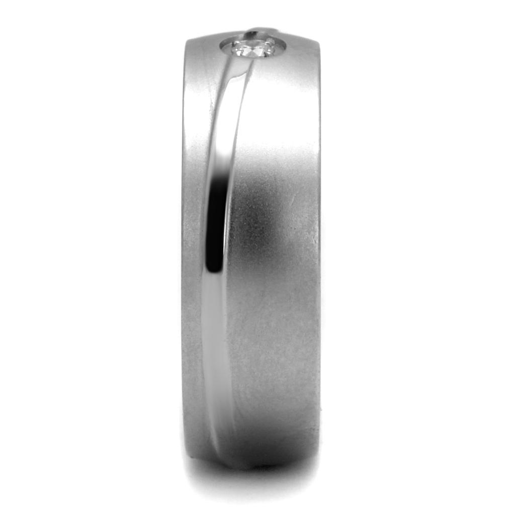 Men's stainless steel ring featuring cubic zirconia stones, high polished finish, elegant design.