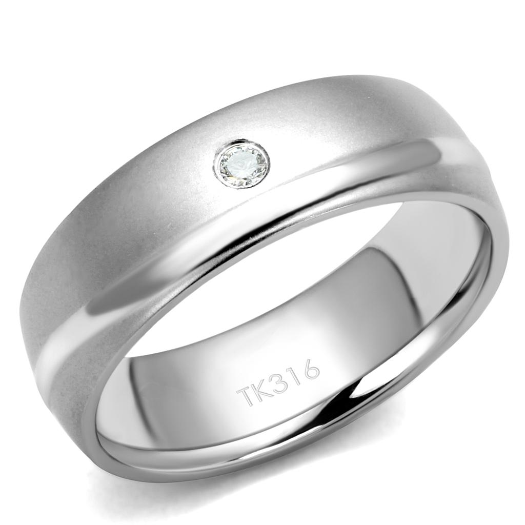 Men's stainless steel ring featuring clear cubic zirconia stones with a high-polished finish.