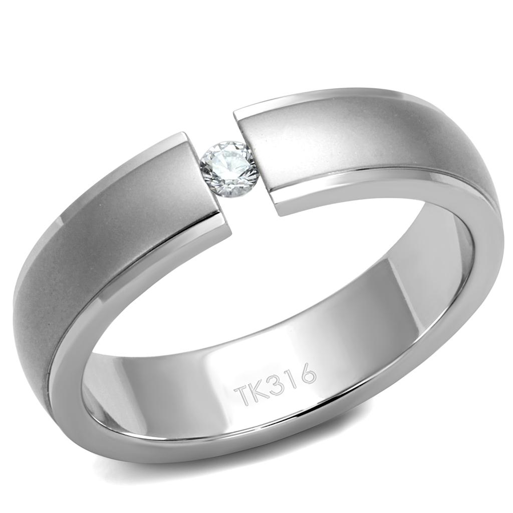 Men's stainless steel ring featuring clear cubic zirconia stones with a high-polished finish, showcasing elegance and durability.