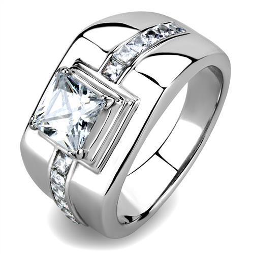 Men's stainless steel ring featuring clear cubic zirconia, high polished finish, stylish and durable design.