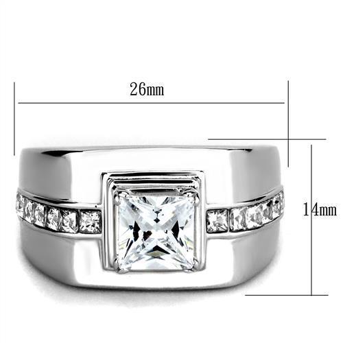 Men's stainless steel ring featuring clear cubic zirconia, high polished finish, stylish and durable design.