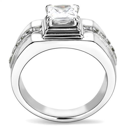 Men's stainless steel ring featuring clear cubic zirconia, high polished finish, stylish and durable design.