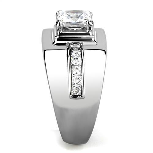 Men's stainless steel ring featuring clear cubic zirconia, high polished finish, stylish and durable design.