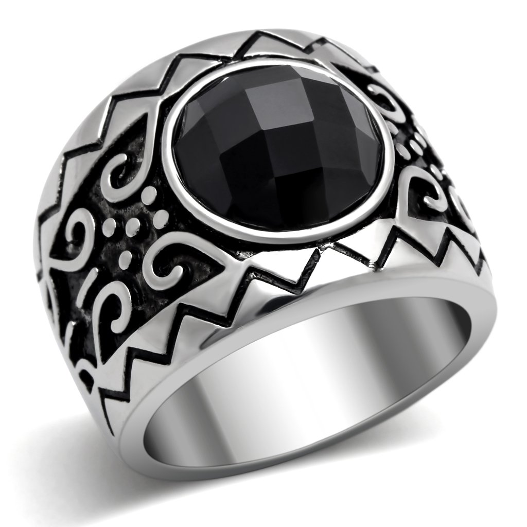 Men's stainless steel ring featuring cubic zirconia stones, high polished finish, elegant design.