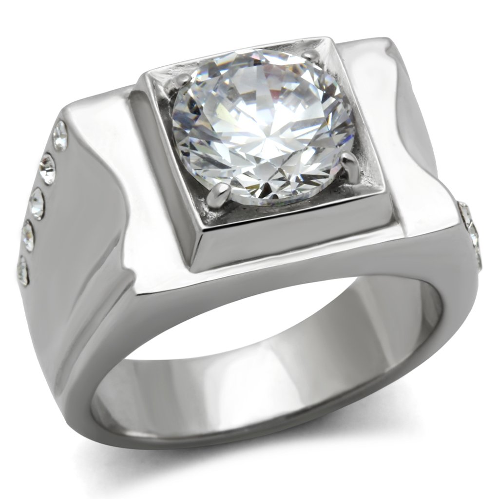 Men's stainless steel ring featuring clear round cubic zirconia stones with a high polished finish.