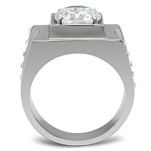 Men's stainless steel ring featuring clear round cubic zirconia stones with a high polished finish.