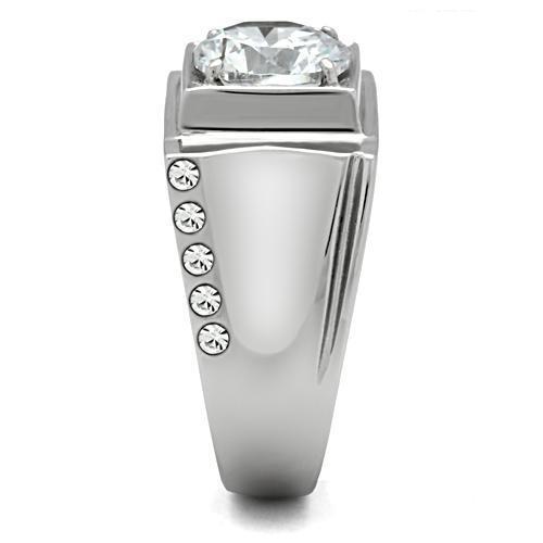 Men's stainless steel ring featuring clear round cubic zirconia stones with a high polished finish.