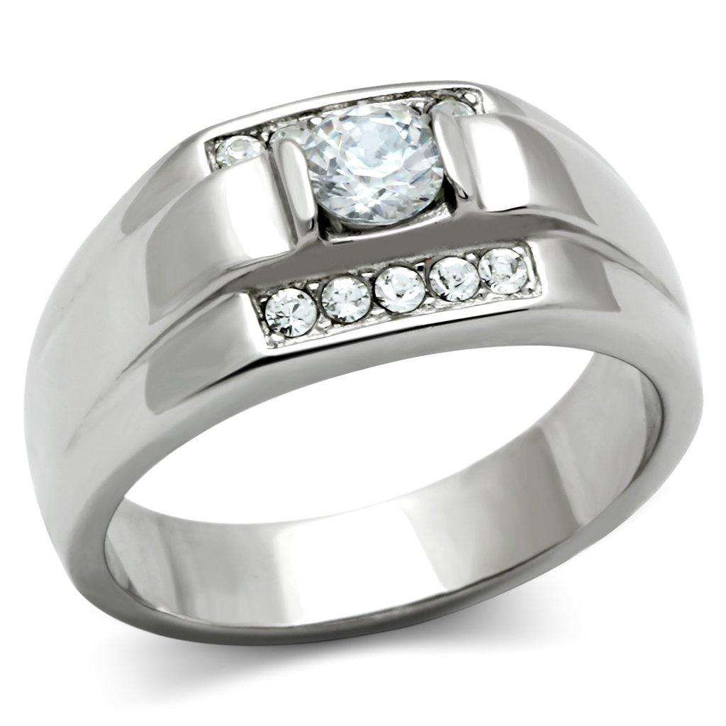 Men's stainless steel ring featuring a clear round cubic zirconia stone, high polished finish, and sleek design.