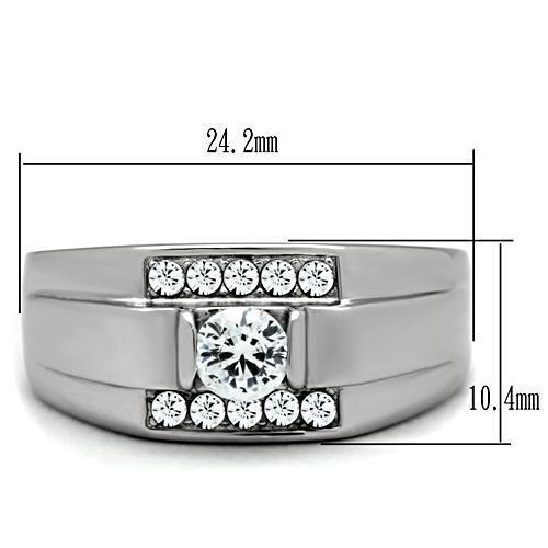 Men's stainless steel ring featuring a clear round cubic zirconia stone, high polished finish, and sleek design.