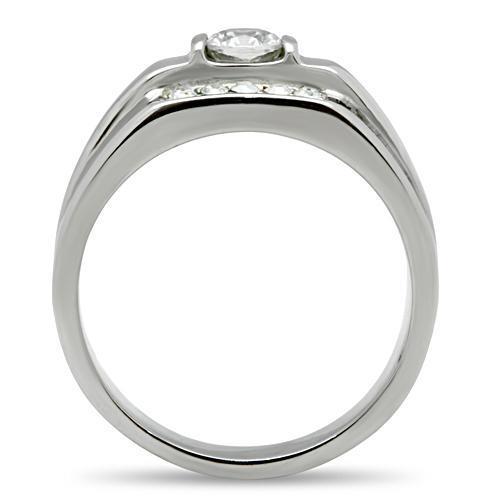 Men's stainless steel ring featuring a clear round cubic zirconia stone, high polished finish, and sleek design.