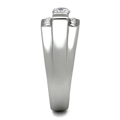 Men's stainless steel ring featuring a clear round cubic zirconia stone, high polished finish, and sleek design.