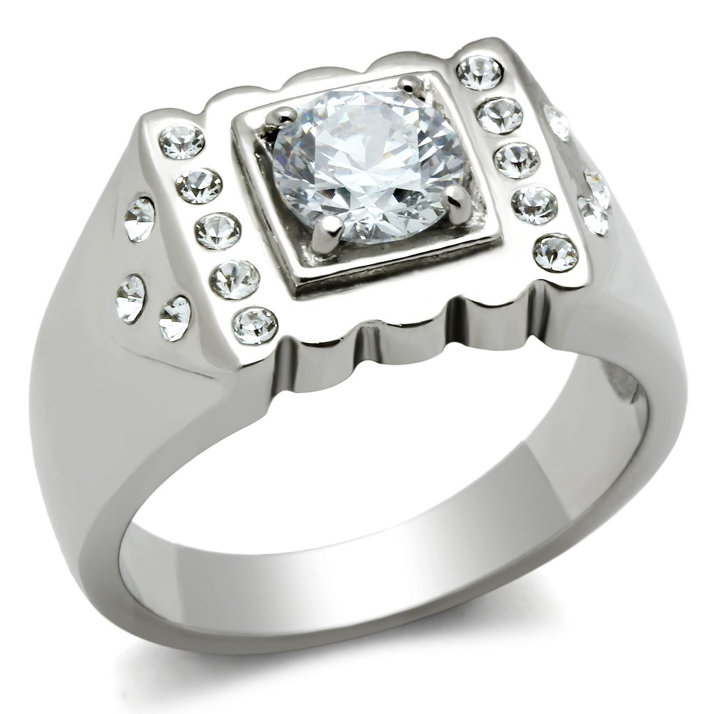 Men's stainless steel ring featuring clear round cubic zirconia stones, high-polished finish, elegant design.