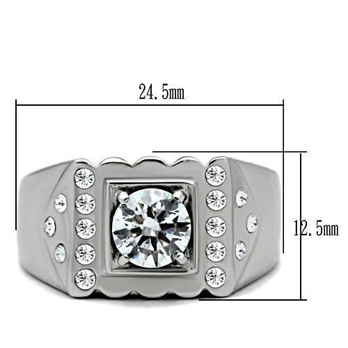 Men's stainless steel ring featuring clear round cubic zirconia stones, high-polished finish, elegant design.