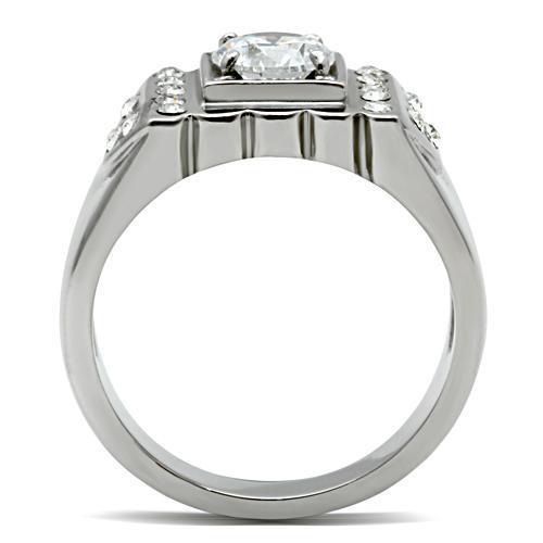 Men's stainless steel ring featuring clear round cubic zirconia stones, high-polished finish, elegant design.