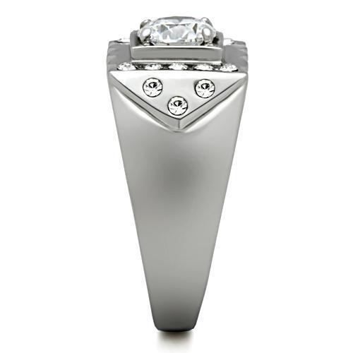 Men's stainless steel ring featuring clear round cubic zirconia stones, high-polished finish, elegant design.