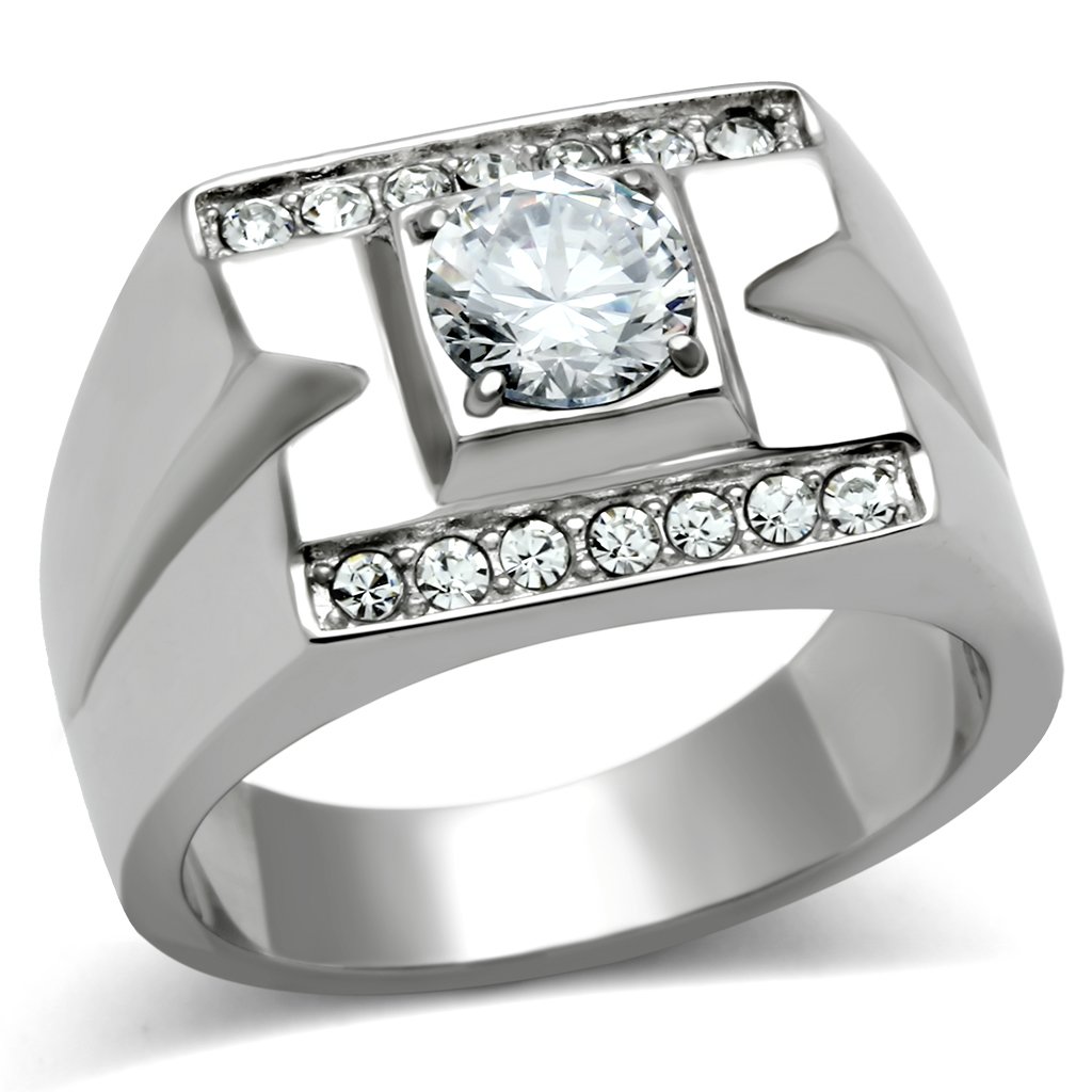 Men's stainless steel ring featuring clear cubic zirconia stones in a high-polished finish, showcasing a modern and elegant design.