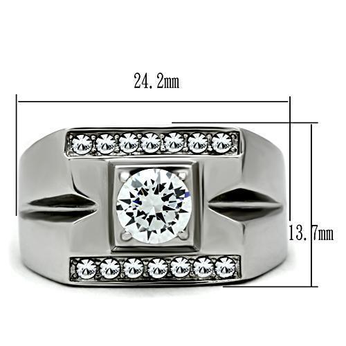 Men's stainless steel ring featuring clear cubic zirconia stones in a high-polished finish, showcasing a modern and elegant design.