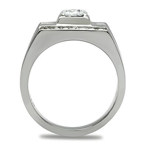 Men's stainless steel ring featuring clear cubic zirconia stones in a high-polished finish, showcasing a modern and elegant design.