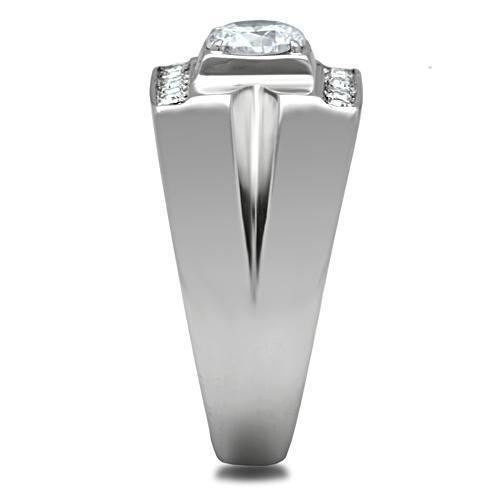 Men's stainless steel ring featuring clear cubic zirconia stones in a high-polished finish, showcasing a modern and elegant design.