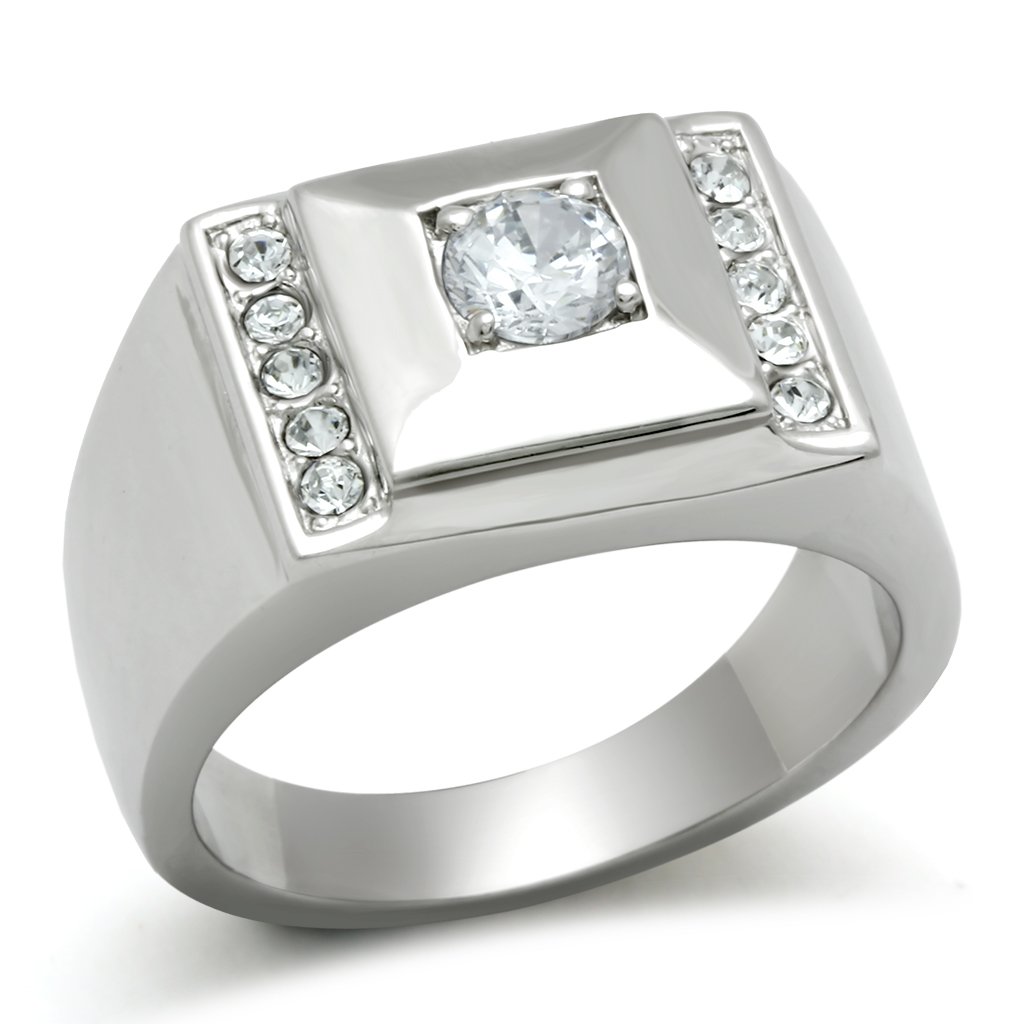 Men's stainless steel ring featuring clear round cubic zirconia stones with a high-polished finish.