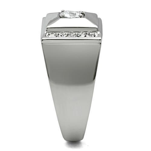 Men's stainless steel ring featuring clear round cubic zirconia stones with a high-polished finish.