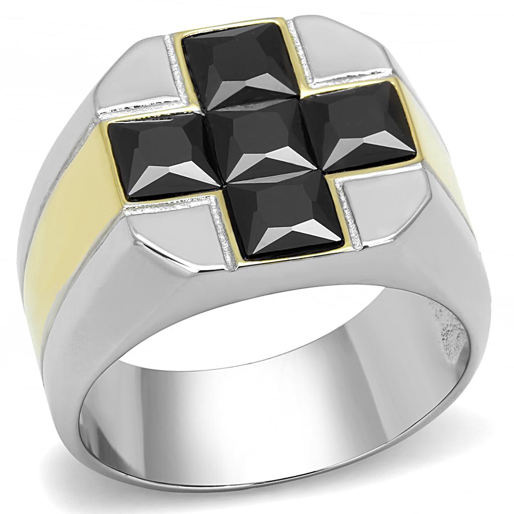 Men's stainless steel ring with cubic zirconia and two-tone gold finish, showcasing a modern design.