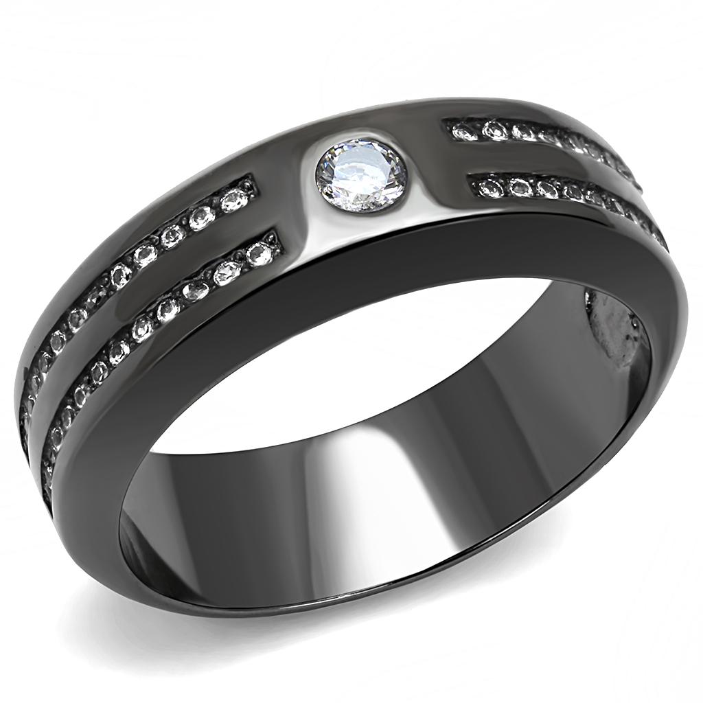 Men's stainless steel ring featuring cubic zirconia stones in a round design with an IP light black finish.