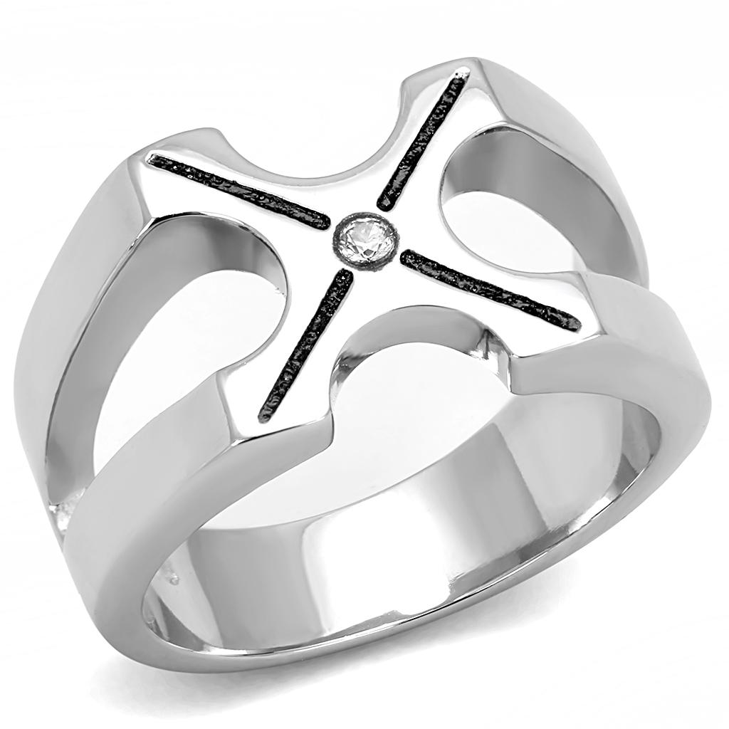 Men's stainless steel ring featuring clear cubic zirconia stones, high polished finish, elegant and durable design.