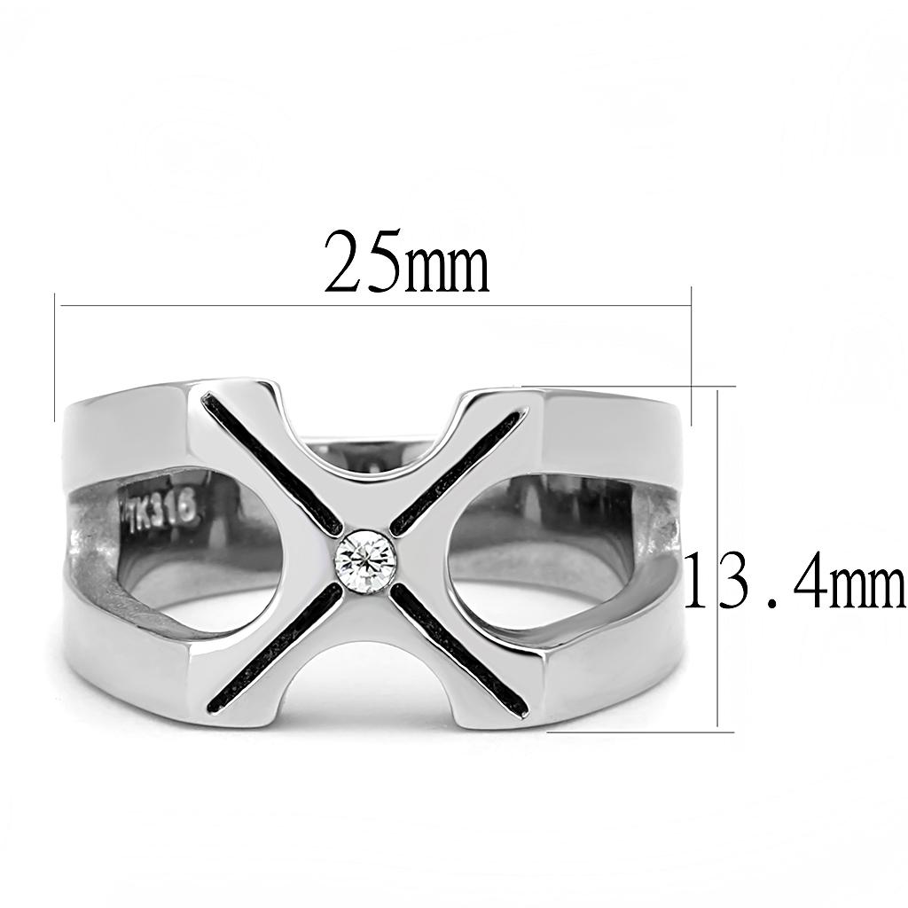 Men's stainless steel ring featuring clear cubic zirconia stones, high polished finish, elegant and durable design.