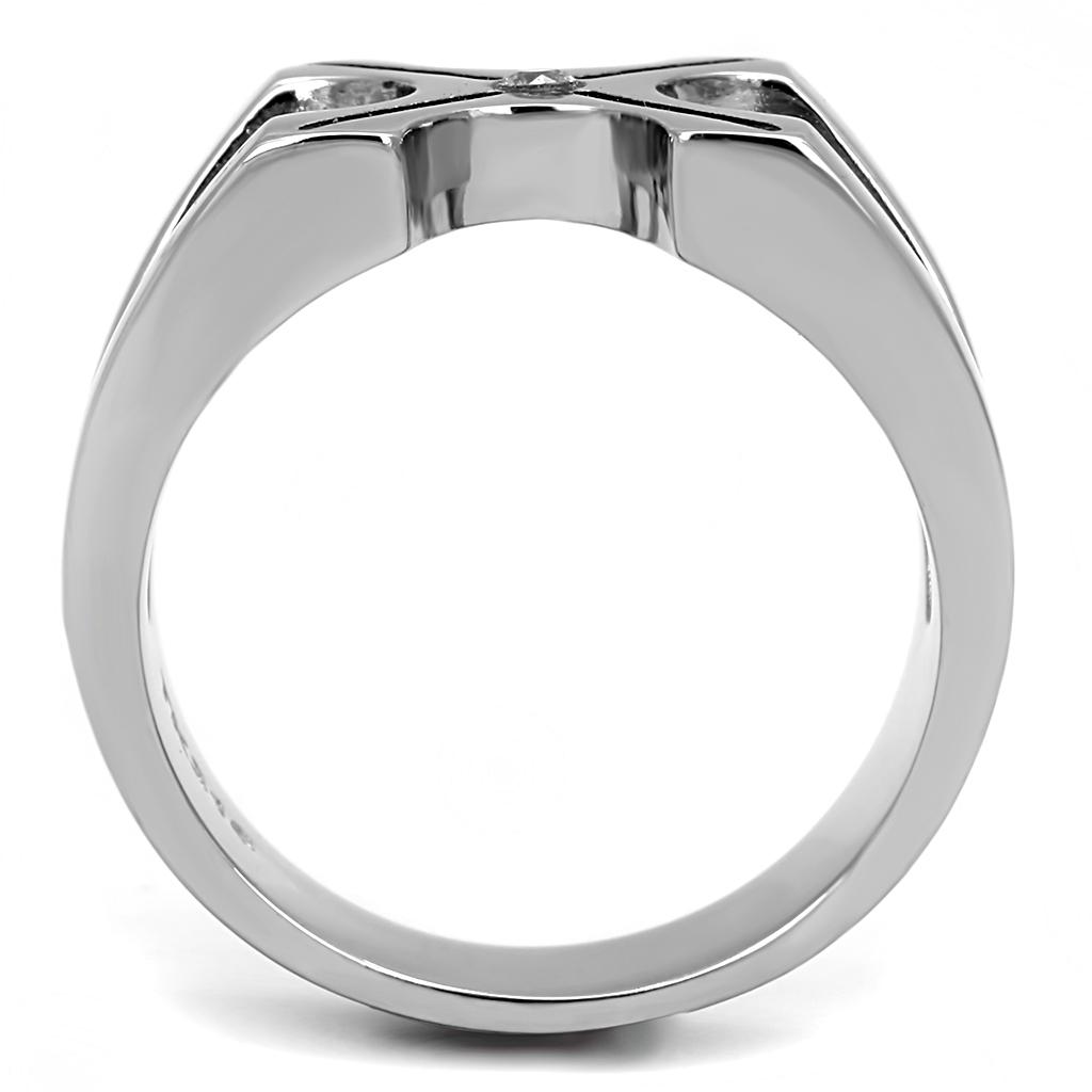 Men's stainless steel ring featuring clear cubic zirconia stones, high polished finish, elegant and durable design.