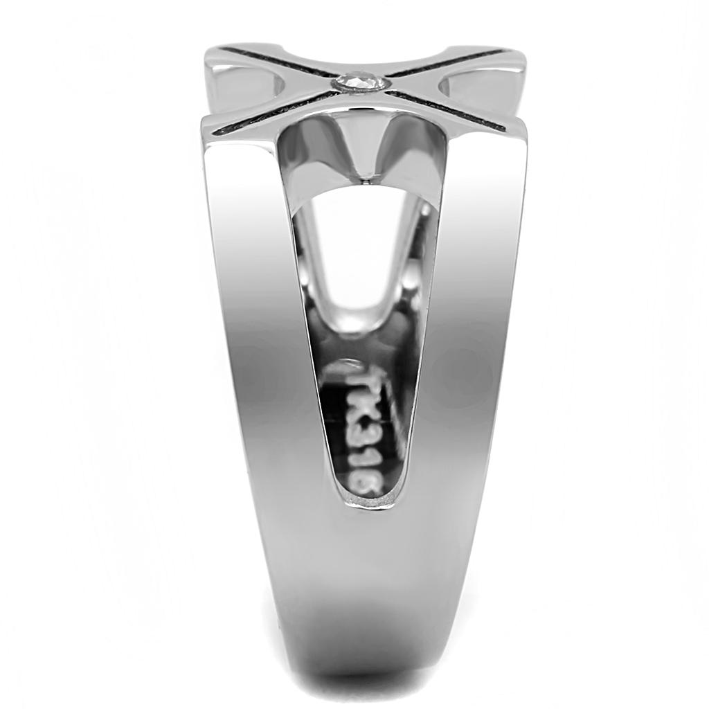 Men's stainless steel ring featuring clear cubic zirconia stones, high polished finish, elegant and durable design.