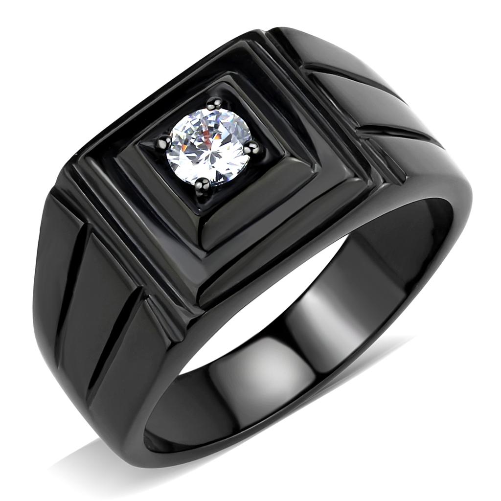 Men's stainless steel ring with cubic zirconia accents, featuring IP black ion plating for a modern look.