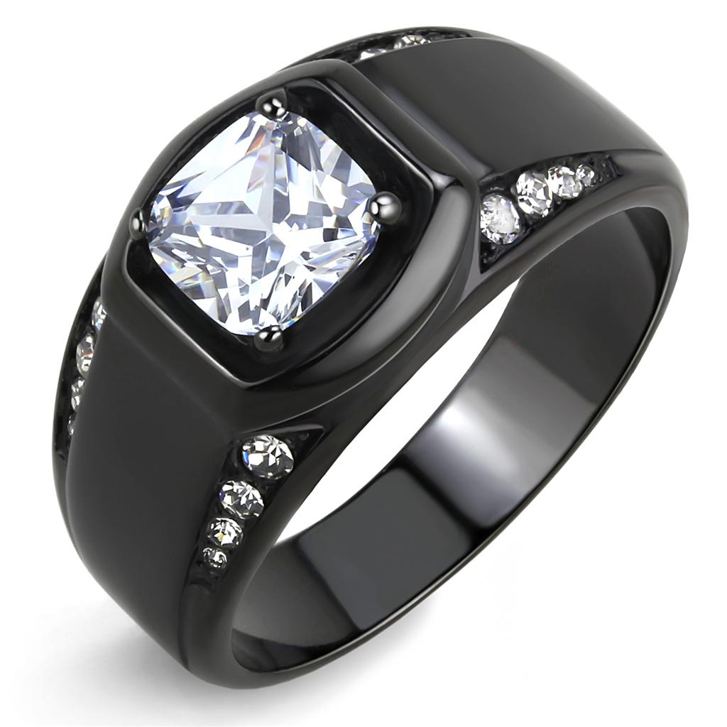 Men's stainless steel ring with cubic zirconia, featuring a round design and IP black ion plating finish.