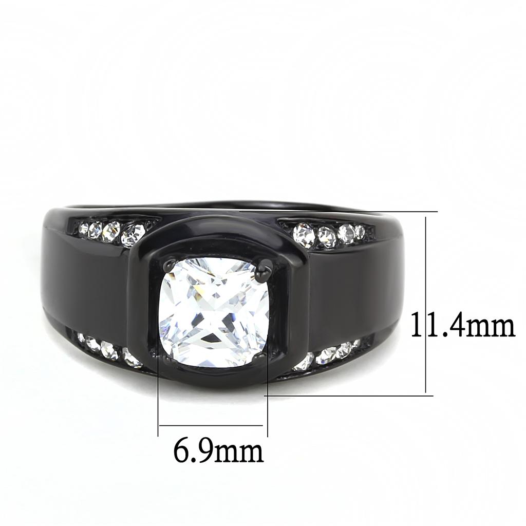 Men's stainless steel ring with cubic zirconia, featuring a round design and IP black ion plating finish.