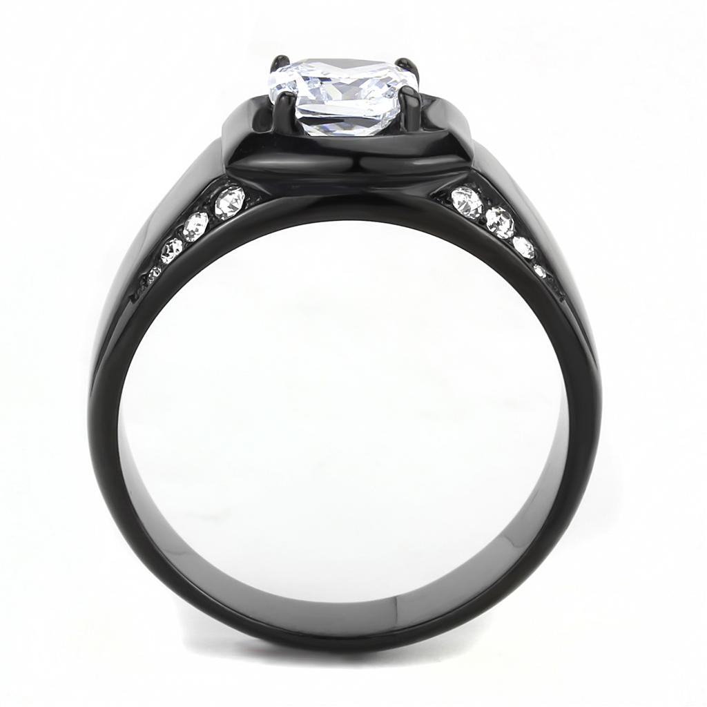 Men's stainless steel ring with cubic zirconia, featuring a round design and IP black ion plating finish.