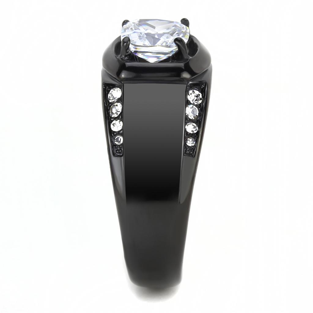 Men's stainless steel ring with cubic zirconia, featuring a round design and IP black ion plating finish.