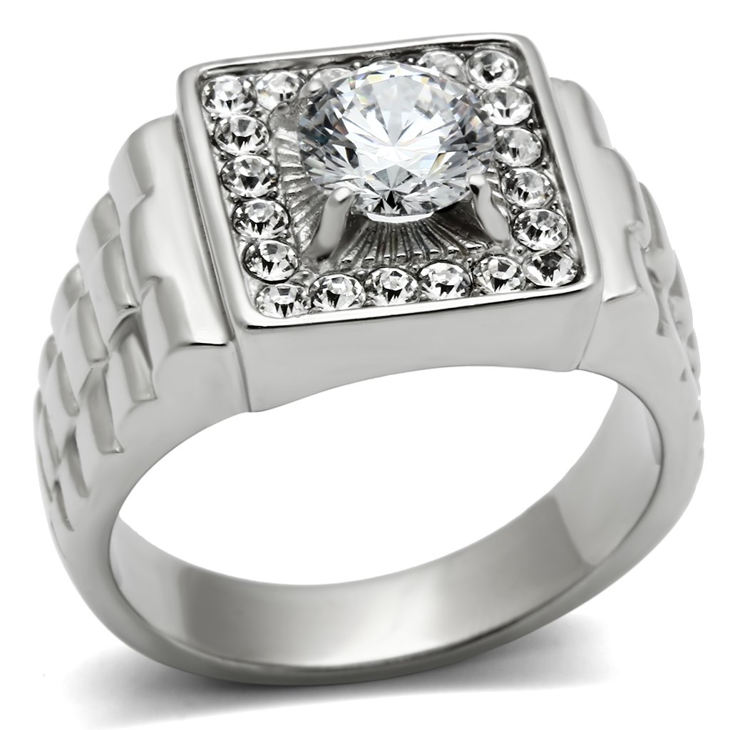 Silver ring with square diamond setting.